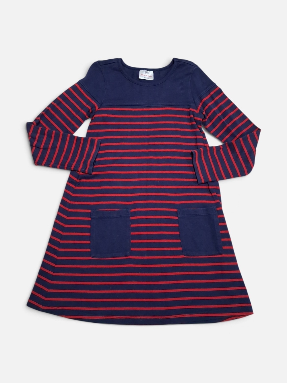 Hanna Andersson Girls Navy Red Striped Long-Sleeve Pocket Dress 120cm